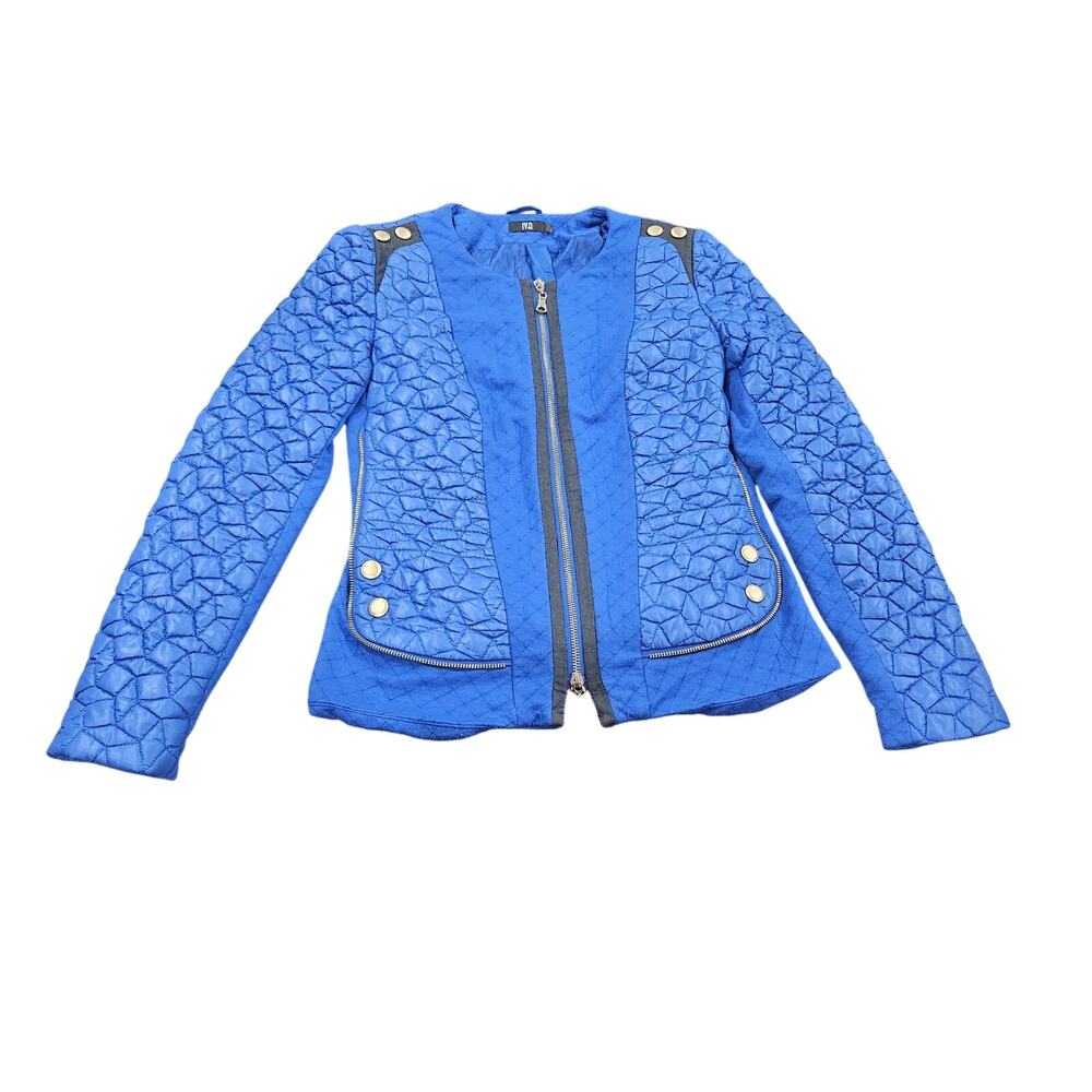 IVA Rockabilly Quilted Blue Moto Jacket Cropped Zip Front Silver Snap Y2K XS